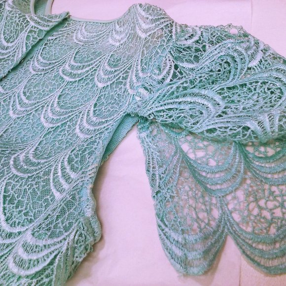 Vintage 70-80s Sheer Scalloped Lace Dress 6/8 Flutter Sleeve Snap-Back Turquoise - Picture 5 of 11